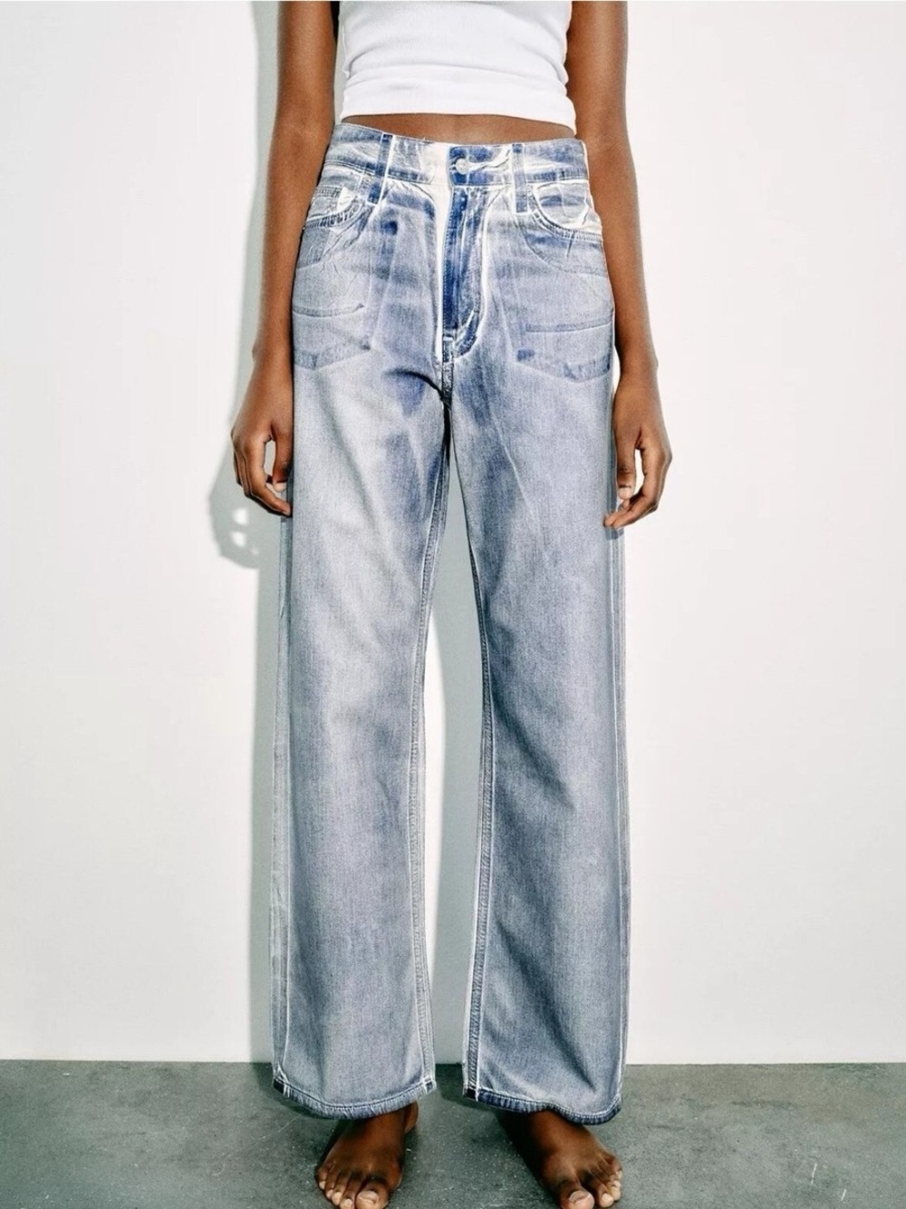 ZARA Printed Denim Jeans Wide Leg Mid Rise Loose Fit Illusion Blue White US 8